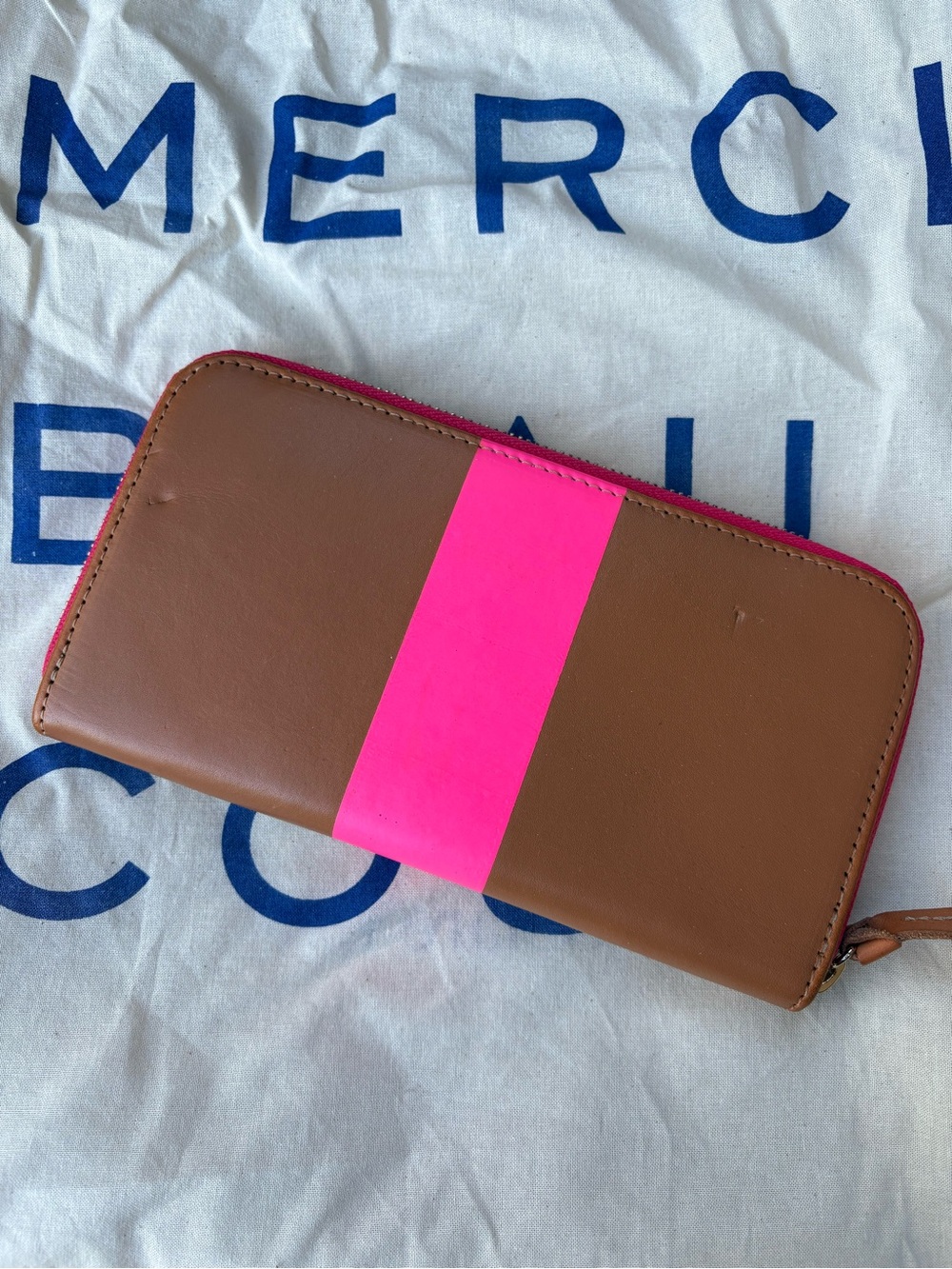 Clare V Brown Wallet with Neon Pink Center Stripe